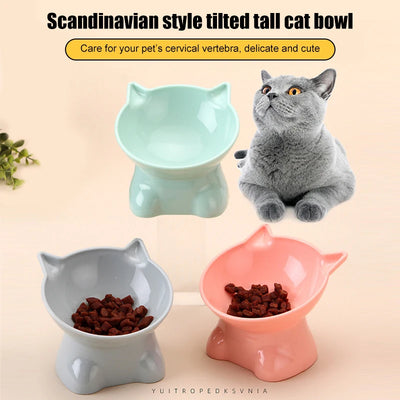 Pet Bowl Large Capacity Cats Bowls Oblique Mouth Cute Cartoon Cat Shape Cat Dog Food Dispenser Pet Feeder