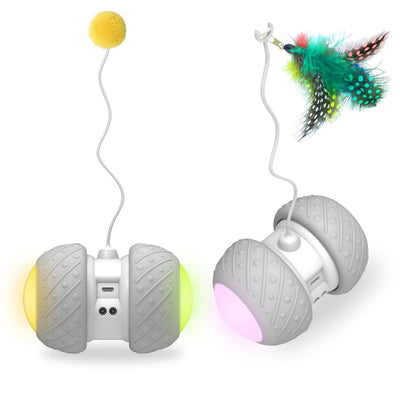 An image of the Smart Interactive Cat Toy equipped with a cotton ball and feather.