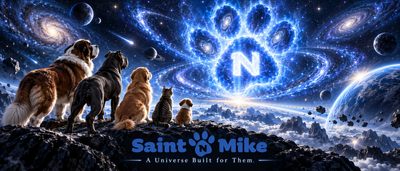 Saint N Mike animals gazing into a cosmic universe with a glowing paw-shaped galaxy symbol in the sky