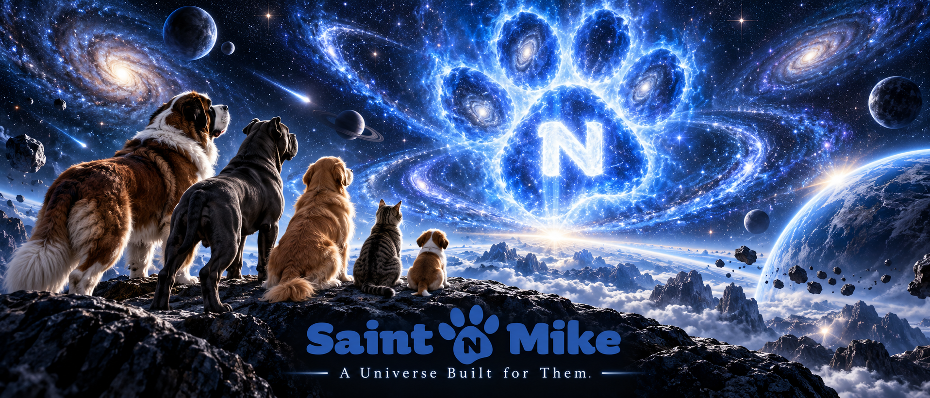 Saint N Mike animals gazing into a cosmic universe with a glowing paw-shaped galaxy symbol in the sky