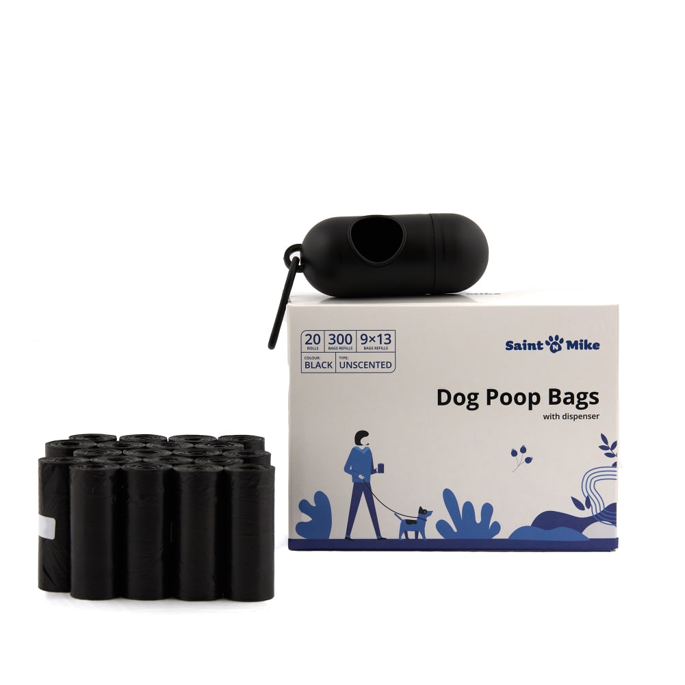 Essentials Dog Poop Bags With Waste Bag Dispenser, 300 Count, 20 pack of 15, Black