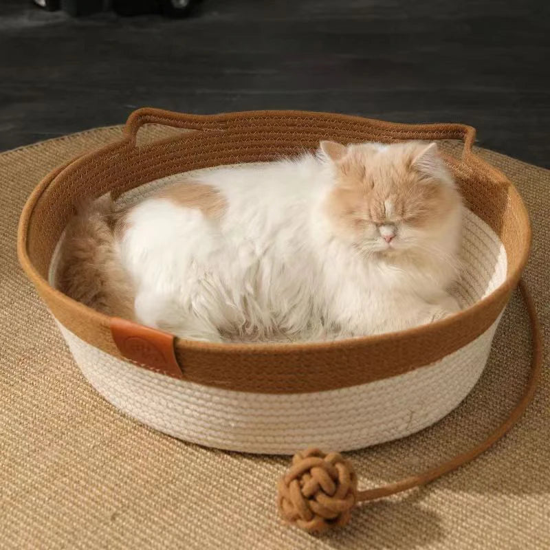 japanese pet cat bed round hand woven rattan cat beds summer cooling kitten basket cotton rope cat scratching baskets3
