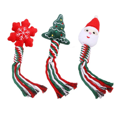 Pets Christmas Squeaky Chew Toys Cotton Ropes Knot Molar Bite Interactive Xmas Gift