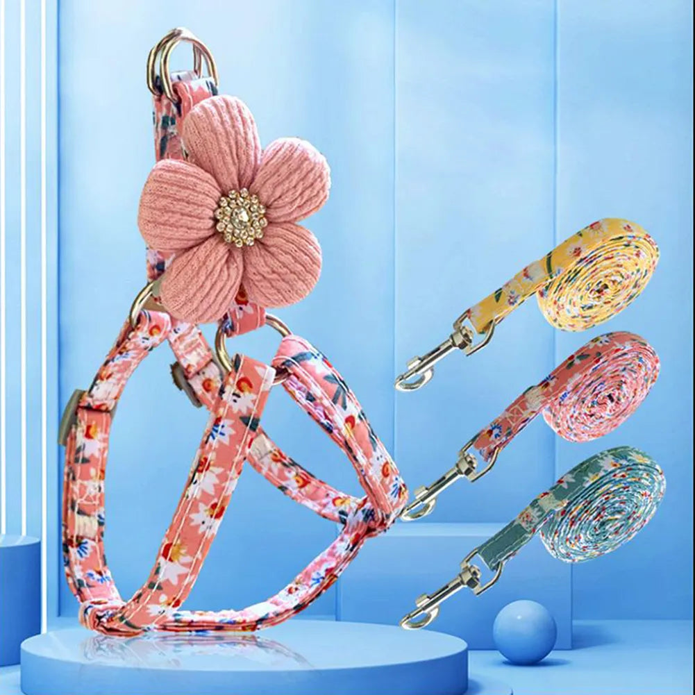 daisy-printed fashion plaid dog harness leash adjustable nylon pet chest back traction rope