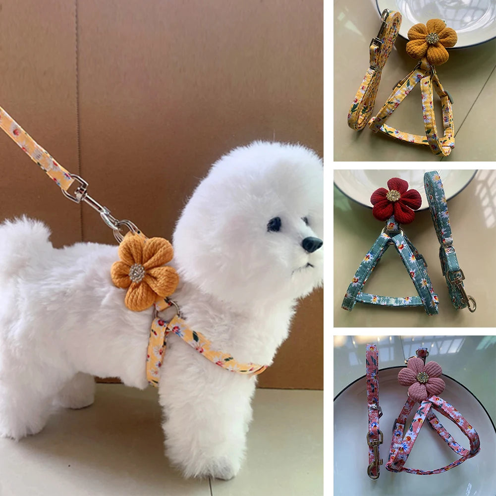daisy-printed fashion plaid dog harness leash adjustable nylon pet chest back traction rope2