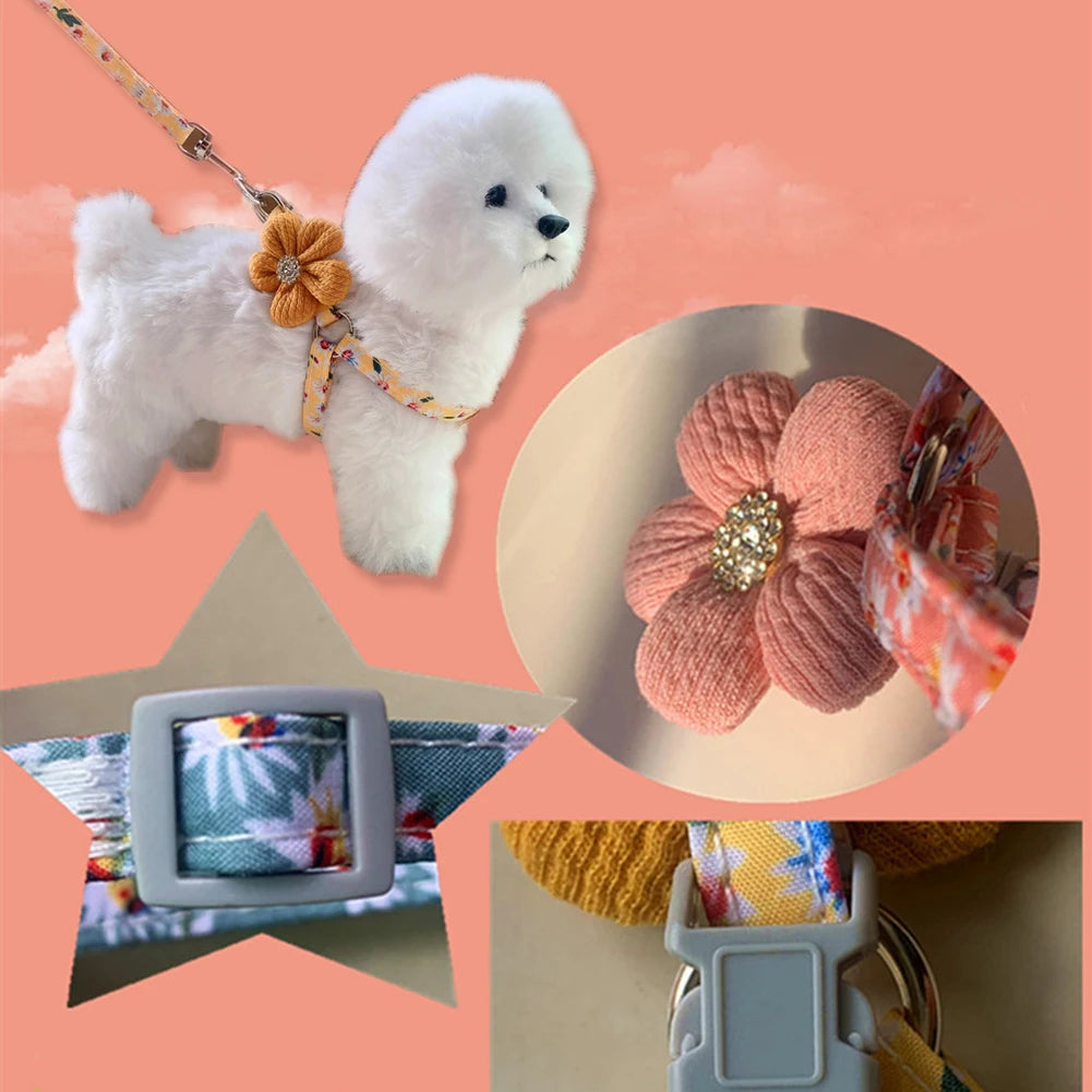 daisy-printed fashion plaid dog harness leash adjustable nylon pet chest back traction rope4