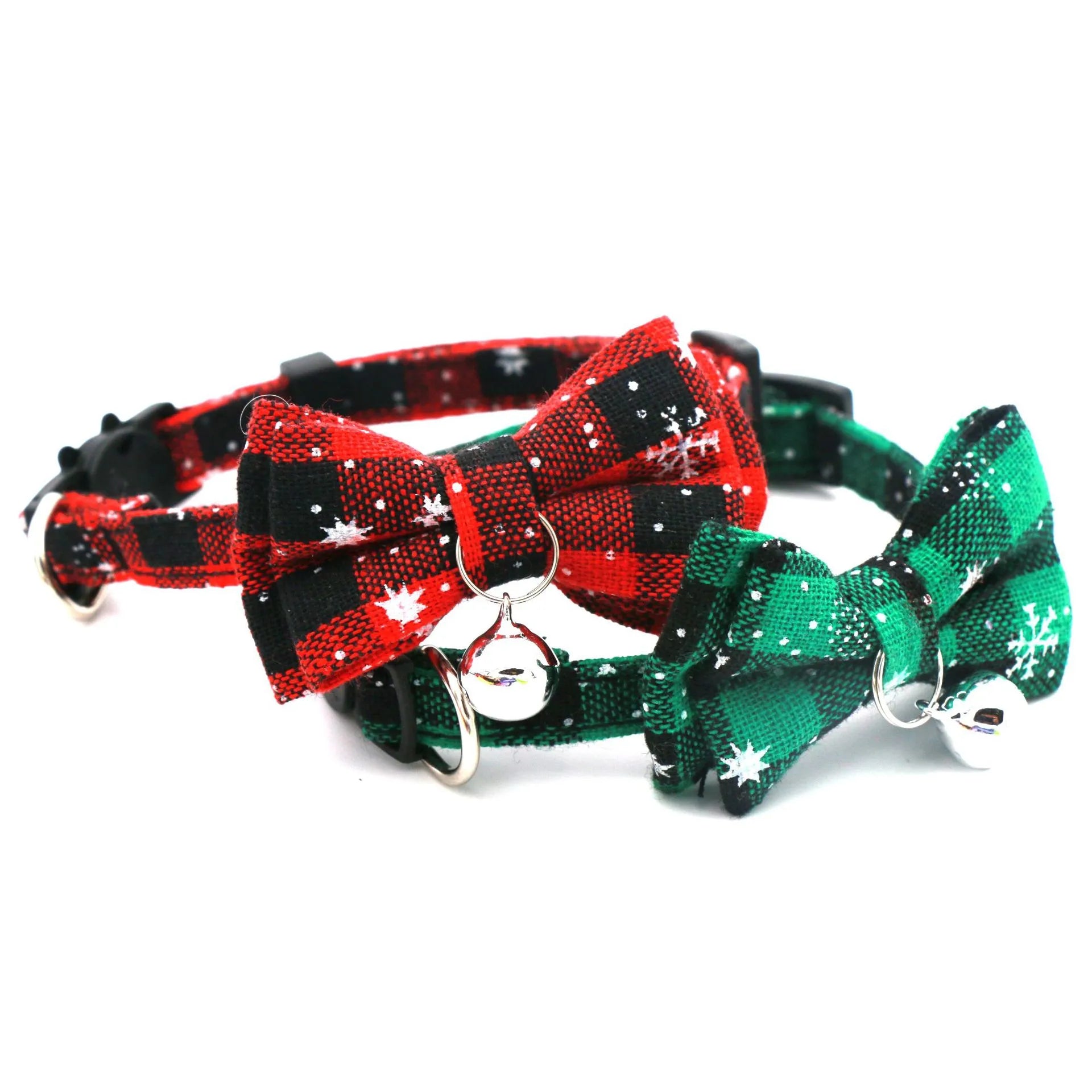 christmas bowknot cat dog collar with bell plaid snowflake adjustable breakaway buckle collar1