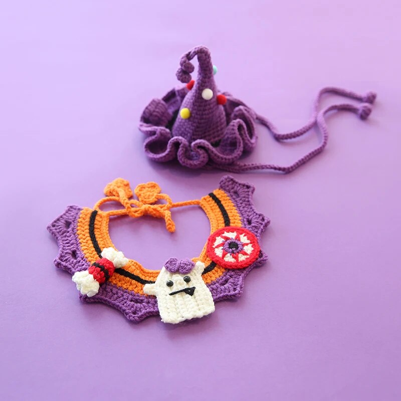 halloween pet collar bib hand knitted crochet pumpkin costume pet accessories8
