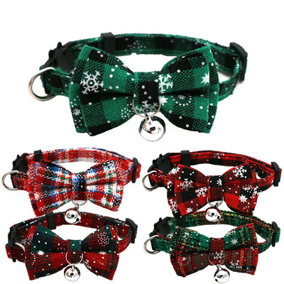 christmas bowknot cat dog collar with bell plaid snowflake adjustable breakaway buckle collar