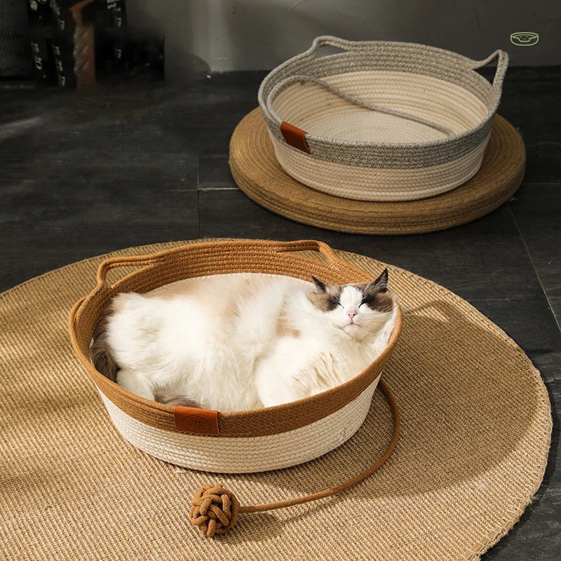 cat bed pet nest pure manual rattan woven scratch board removable washable winter warm pad all-season3