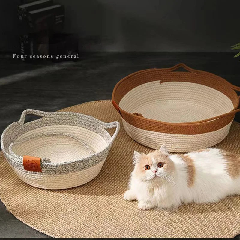 japanese pet cat bed round hand woven rattan cat beds summer cooling kitten basket cotton rope cat scratching baskets1