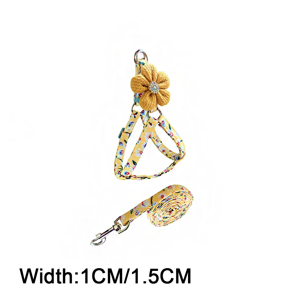 daisy-printed fashion plaid dog harness leash adjustable nylon pet chest back traction rope1