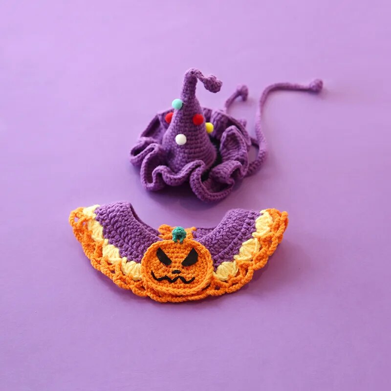 halloween pet collar bib hand knitted crochet pumpkin costume pet accessories2