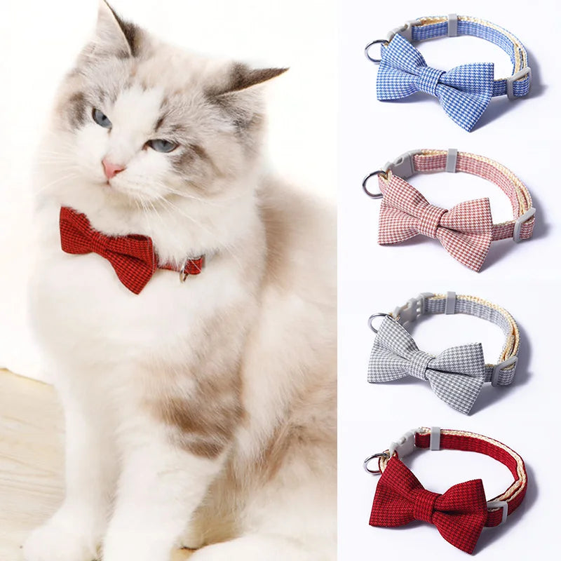Plaid Print Puppy Dogs Cat Adjustable Bow Tie Collar