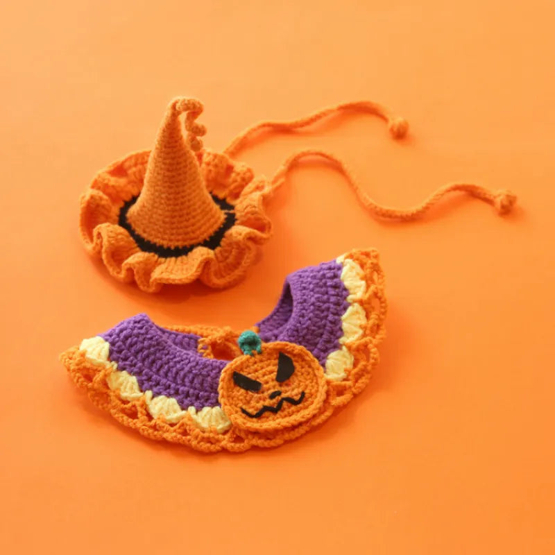 halloween pet collar bib hand knitted crochet pumpkin costume pet accessories7