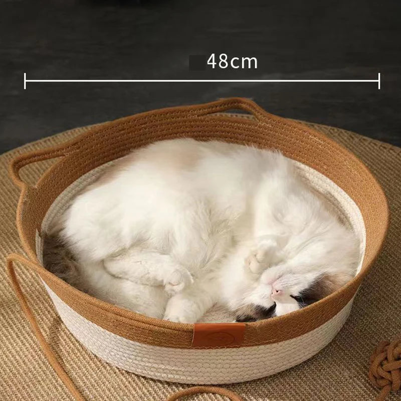 japanese pet cat bed round hand woven rattan cat beds summer cooling kitten basket cotton rope cat scratching baskets4