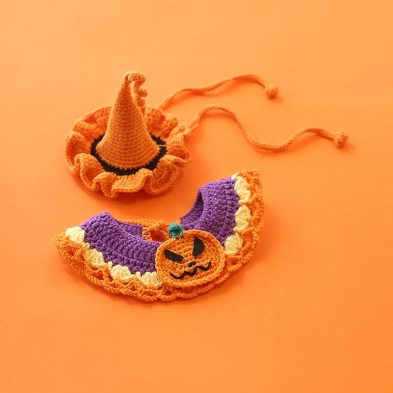 halloween pet collar bib hand knitted crochet pumpkin costume pet accessories1