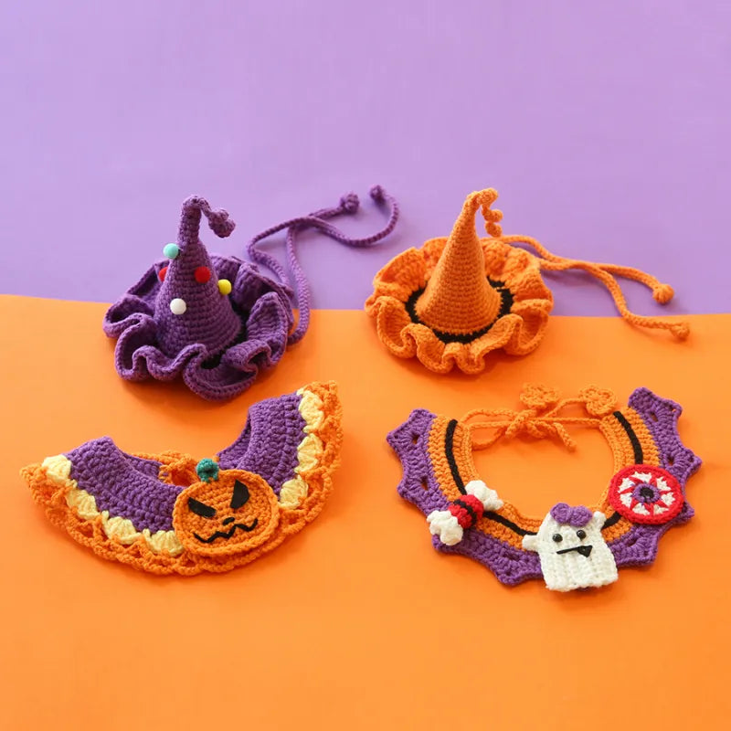 halloween pet collar bib hand knitted crochet pumpkin costume pet accessories