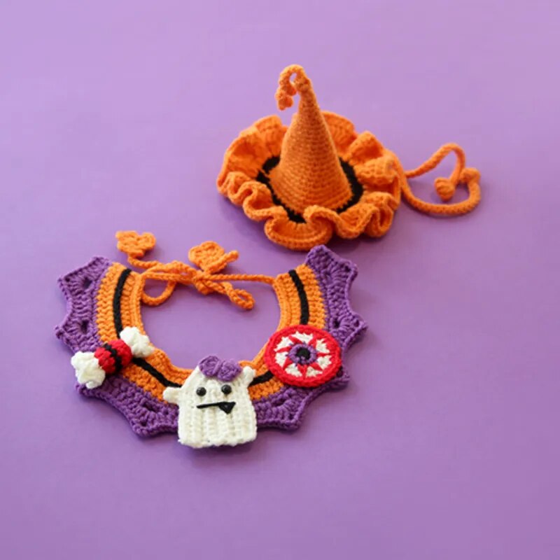 halloween pet collar bib hand knitted crochet pumpkin costume pet accessories6