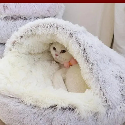 Soft Plush Round Cat Bed Pet Mattress Warm Comfortable Basket 2 in 1 Sleeping Bag Nest for Small Dogs