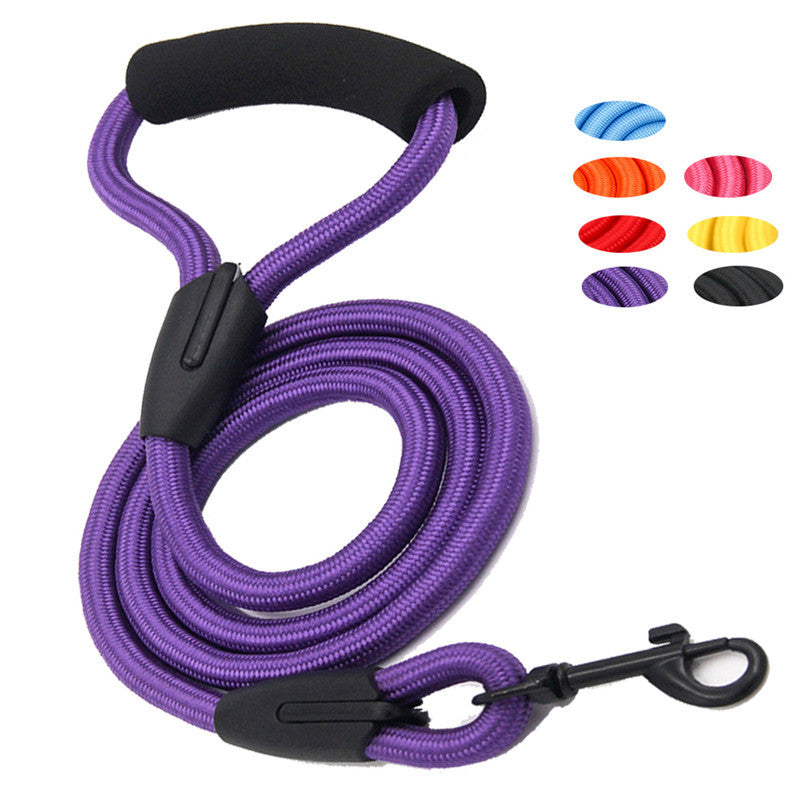 A photo of the purple Anti-Strangle Dog Leash next to blue, orange, pink, red, yellow, and black color samples.