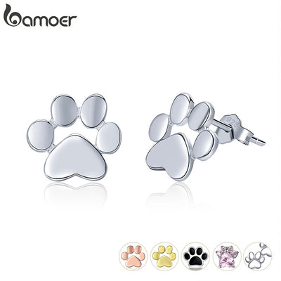 Silver Animal Paw Dog Cat Footprints Stud Earrings for Women