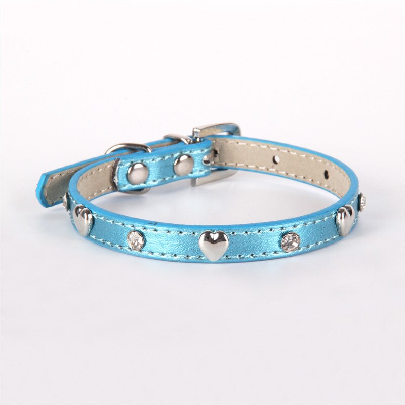 Leather Heart Pet Collar in light blue. 