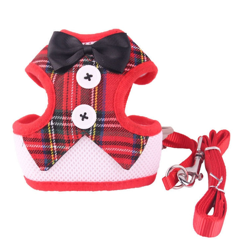 Red plaid dog harness with a bowtie. 