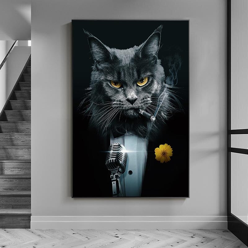 Suit Cat Canvas Painting Decoration Paintings Black Animal Poster Prints Wall Art