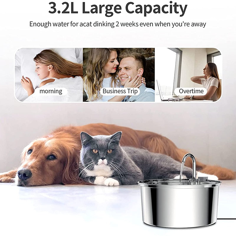 3.2L Stainless Steel Cat Water Fountain with Bowl